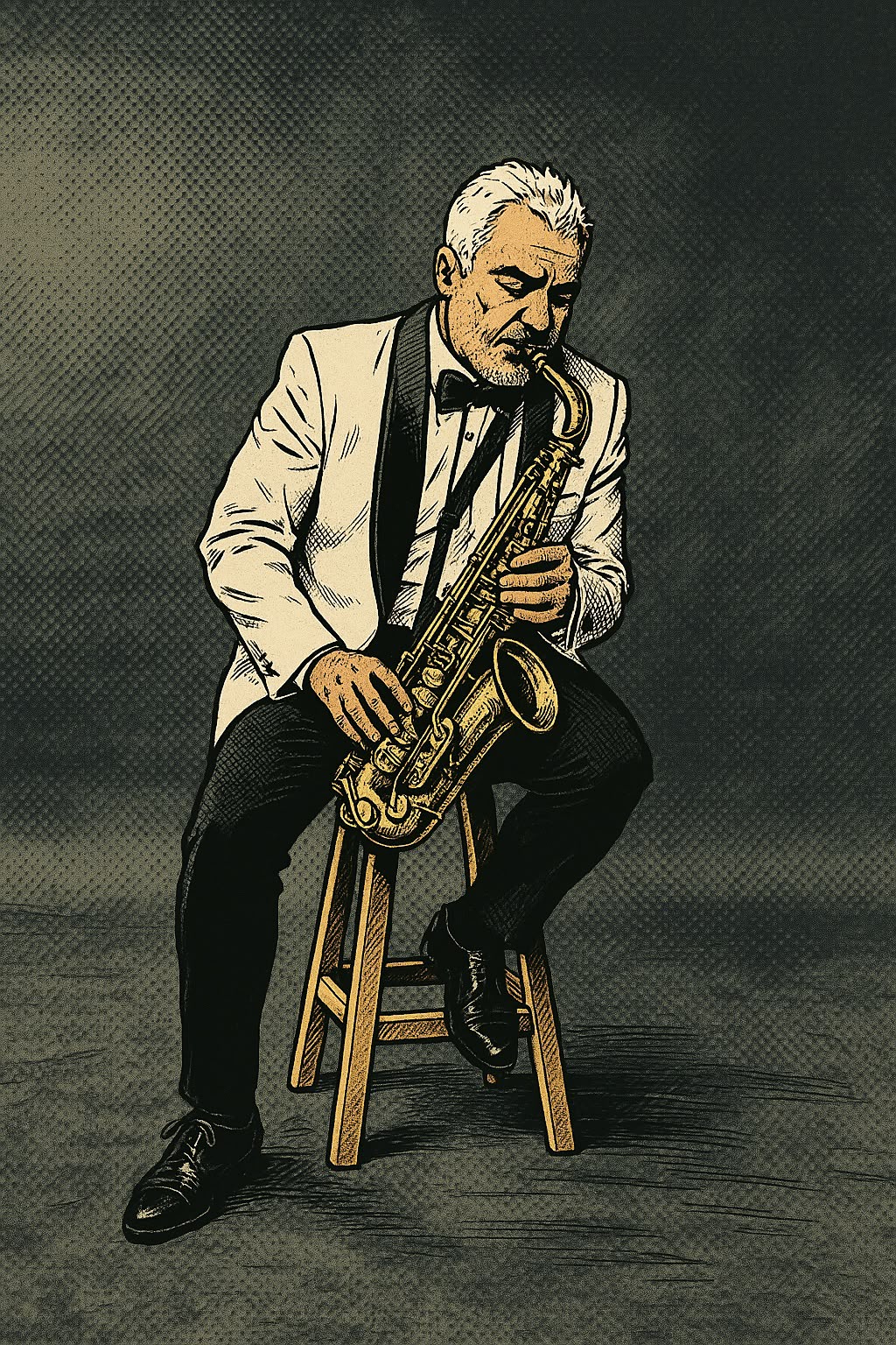 Eduardo sentado con traje claro y un saxofón dorado